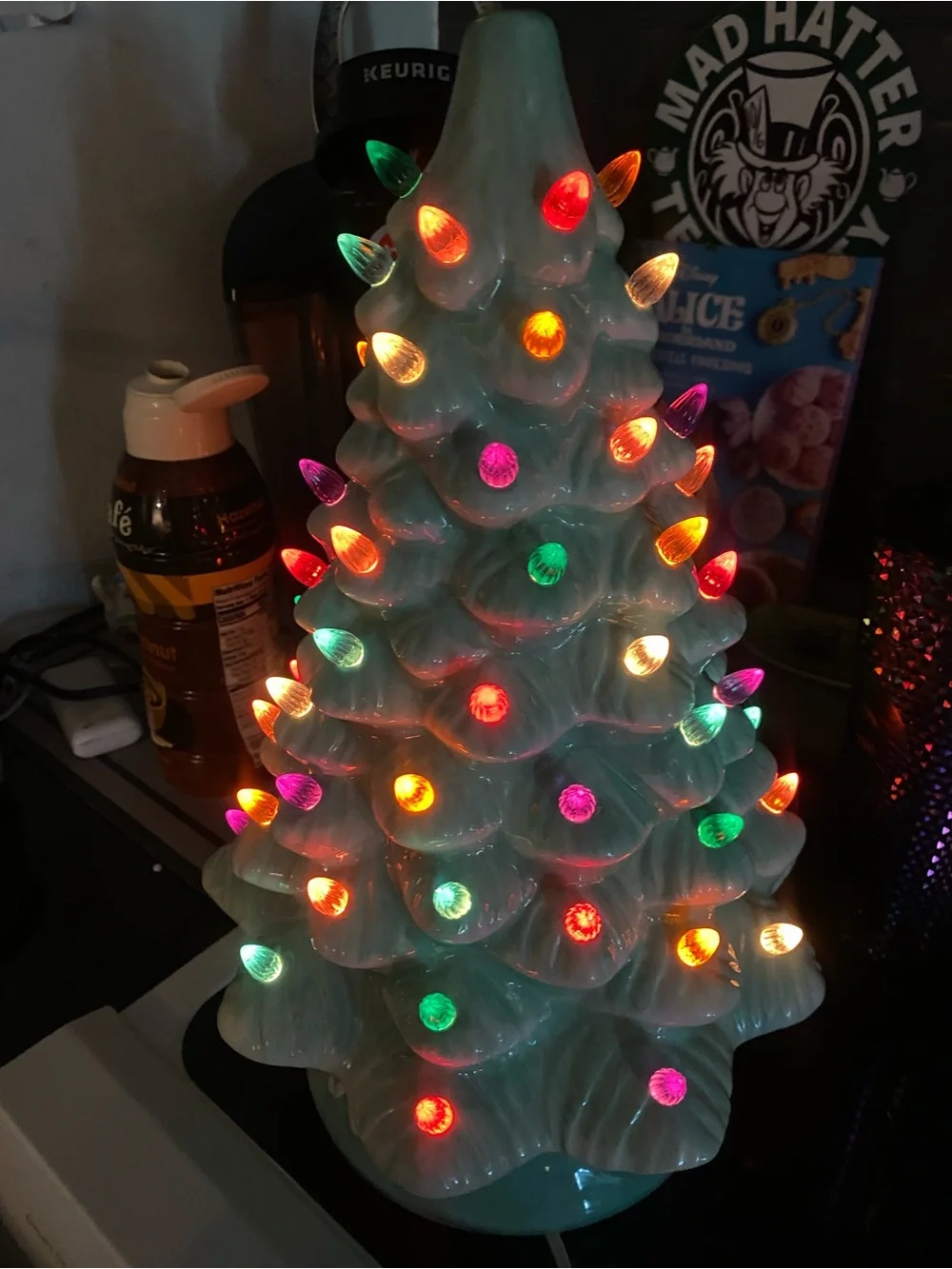Vintage Ceramic Light-Up Holiday Tree - Mint Green with Multicolor Lights